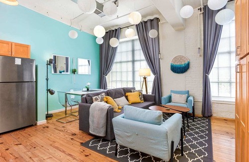 Downtown Apartment | Historic 2BR Loft with High Ceilings and Unique Amenities