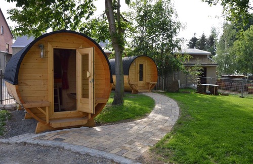 Krostitz RV Rental | 2 Camping Barrels for 4 People with Shared Garden and Wi-Fi