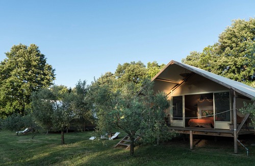 Sorano RV Rental | Unique Bio Glamping Toscana Tents with Pool & Spa Amenities