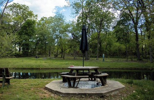 Carthage Cabin | Inviting Cabin with Patio and Hot Tub by Scenic Pond