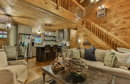 Ellijay Cabin | Edgewater Dreams - Riverfront Retreat with Dog-Friendly Hot Tub