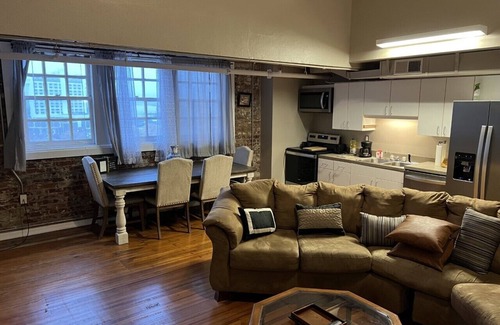 Hot Springs Apartment | Unique Historic High School Loft Near Oaklawn with Pool