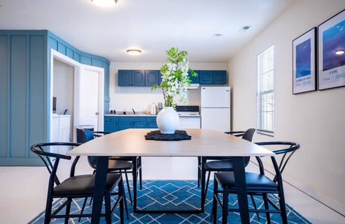 Lawrence Apartment | Relaxing Blue Hues KU/Mass Loft with Spa and Kitchen