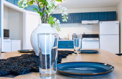 Lawrence Apartment | Relaxing Blue Hues KU/Mass Loft with Spa and Kitchen