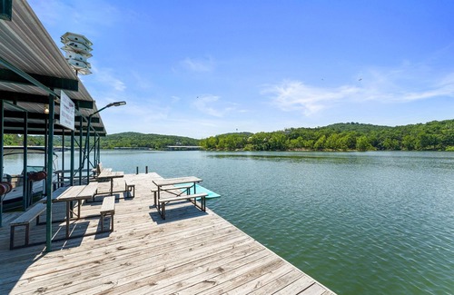 Kimberling City Cabin | Scenic Lakefront 2BR Duplex Cabin with Pool & Boat Dock