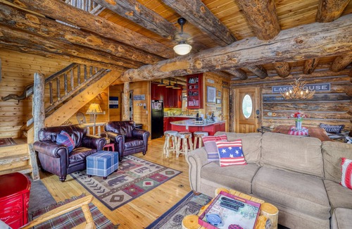 Grand Lake House | Lakefront Log Home Retreat with Private Dock & Top Rating