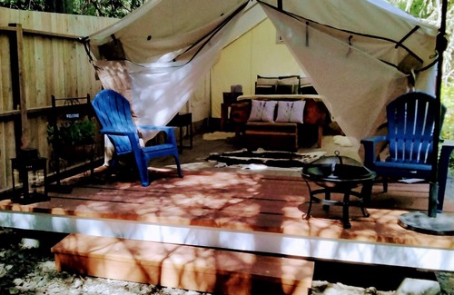 Sequim RV Rental | Cozy Lavender Glamping Tent with Fire Pit & Mini Fridge
