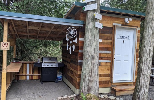 Sequim RV Rental | Cozy Lavender Glamping Tent with Fire Pit & Mini Fridge