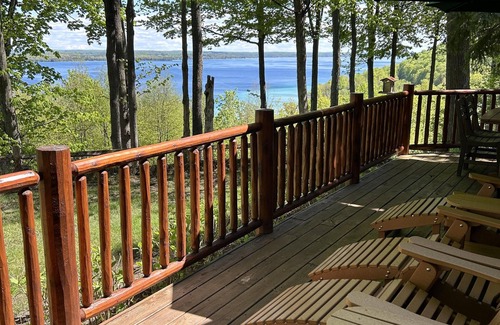 Kewadin House | Inviting Log Home with Pool Overlooking Torch Lake