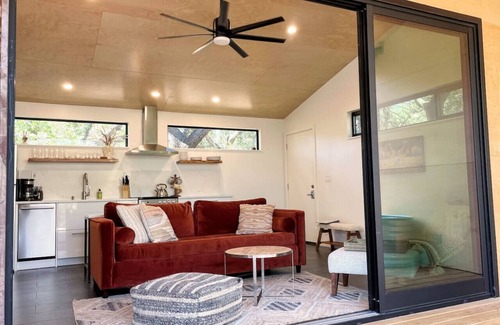 Dripping Springs Cabin | Modern Treehouse Escape with Pool and Firepit Amenities