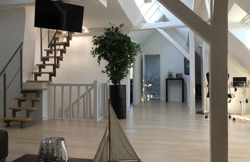 Golzheim Apartment | Elegant Rooftop Loft with River View, 10 Min to City