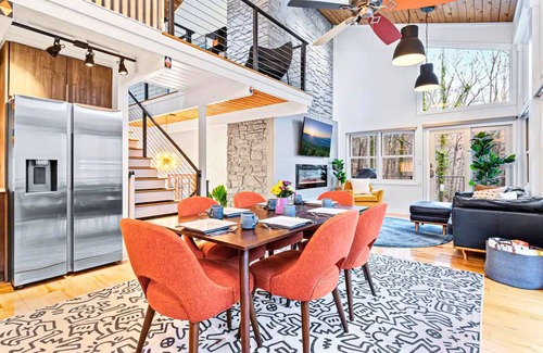 Waynesville House | Relax by the Fire Table with Hot Tub and Scenic Views