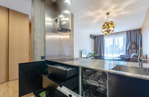 Solomjanskyj Apartment | Cozy Black and White Apartment with Hot Tub & Child Friendly