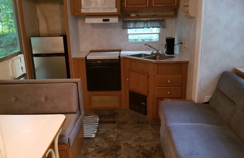 Benzonia House | Cozy RV Camper in the Woods with Hot Tub & Fire Pit Access