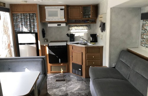 Benzonia House | Cozy RV Camper in the Woods with Hot Tub & Fire Pit Access