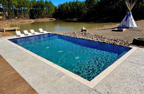 Pickens Cabin | PRIVATE POND! Private heated pool! 6 king suites & bunk room.Sleeps 30.Brand New