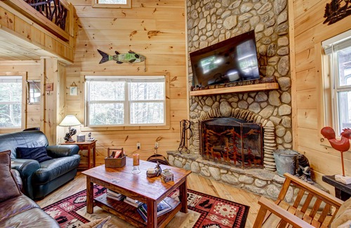 Suches House | Riverfront duplex w/ mountain view, deck, private hot tub, games loft & WiFi