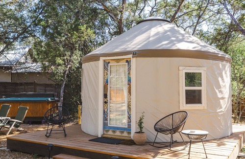 Lakeway RV Rental | Charming Glamping Retreat at The Peacock Yurt on Lake Travis