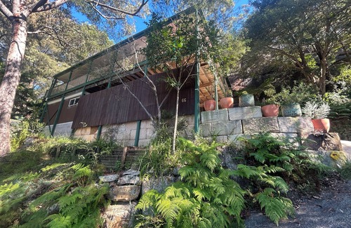 Patonga House | Treetops retreat - pole house set against a sandstone rock face in the tree tops