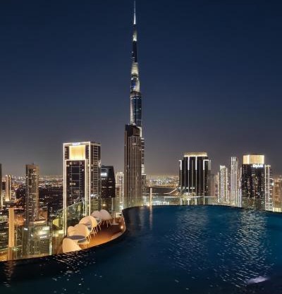 64th floor rooftop pool offering amazing Burj Khalifa views, 2BR apartment in Paramount Hotel Midtown