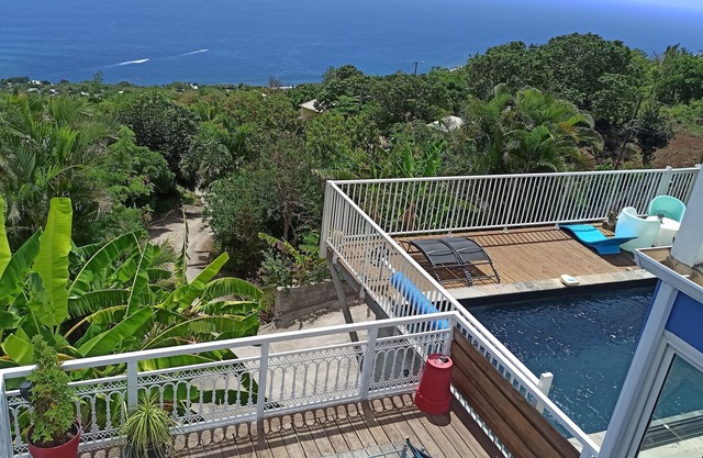 House with swimming pool in St Leu facing the Indian Ocean, garden with trees.LACMER.