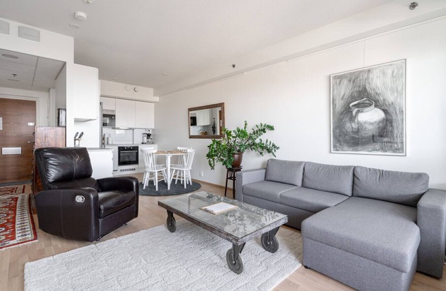 Modern 1BR Apt with Amazing Views, Balcony & Sauna