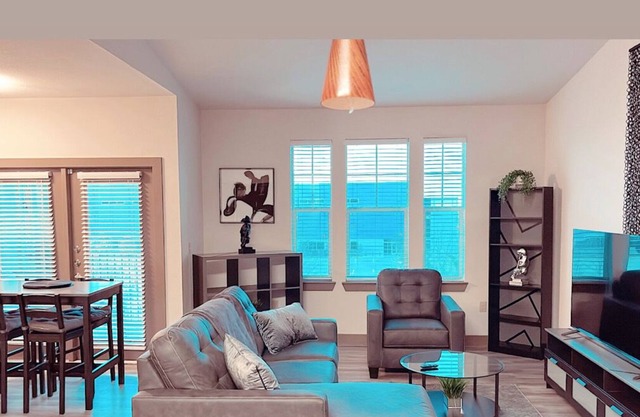 Modern luxurious private apartment with office room and desk for remote work