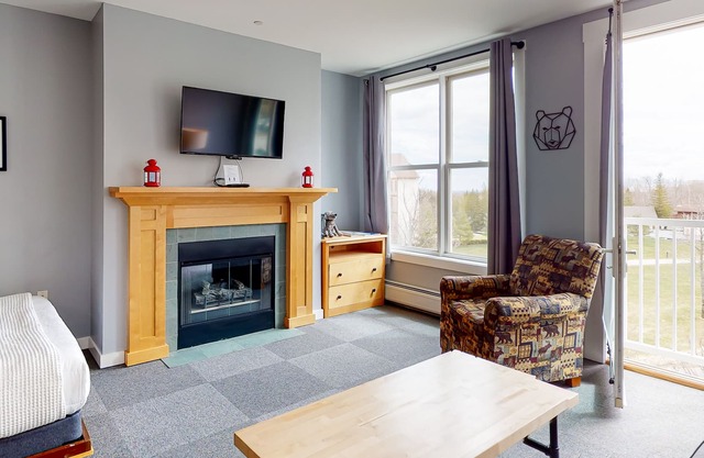 Mountain-side studio with pool, hot tub, sauna, elevator & fireplace