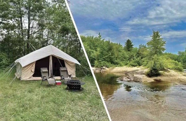 Safari Tent nestled in the woods on the Schroon River with beach and island!