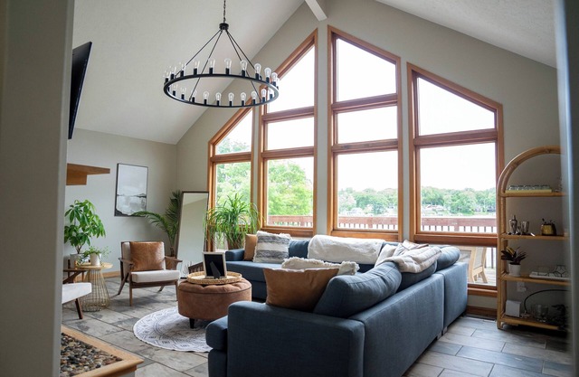 Waterfront Family Lake House Lux Decor, Electric Fire Pit + More