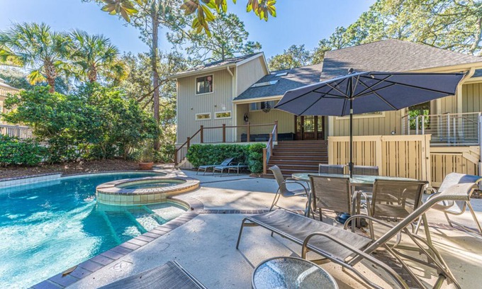 Beach Lagoon House | Sea Pines Home: Private Pool & Spa Steps from the Beach