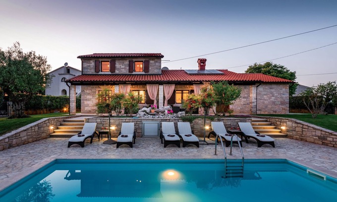 Kastelir-Labinci Villa | Villa with Pool for 8: Garden, Summer Kitchen & Ocean View