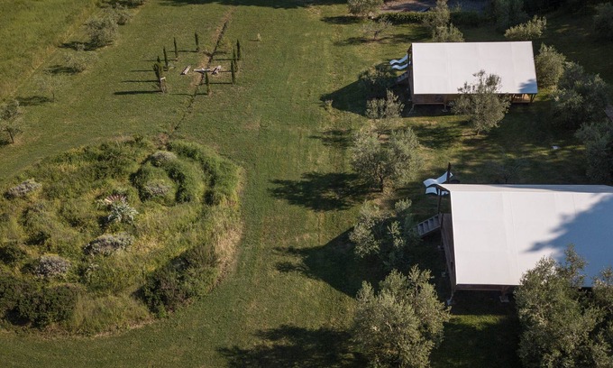 Sorano RV Rental | Unique Bio Glamping Toscana Tents with Pool & Spa Amenities