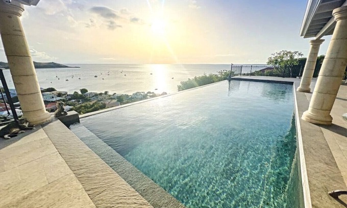 Grand Case House | Blue Room in Villa Diamant: Poolside Oasis with Sea Views