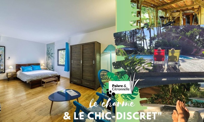 Saint-Andre Apartment | Charming, comfortable blue room, peaceful setting in a large garden, swimming pool, jacuzzi.