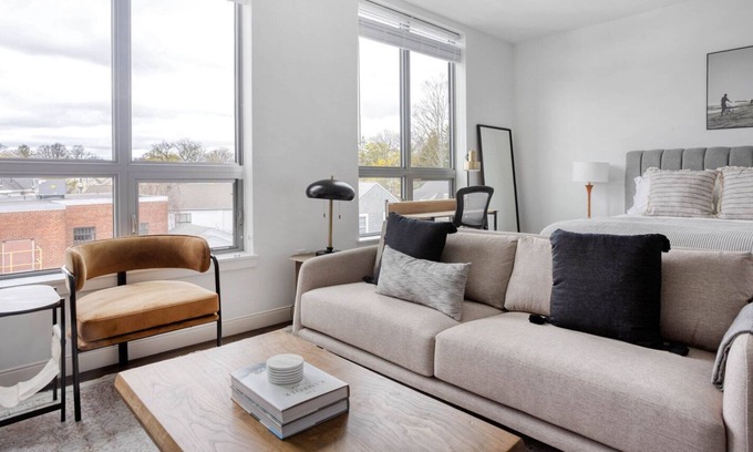 Newtonville Apartment | Chic studio w/ Gym, W/D, Steps from Newtonville Train by Blueground