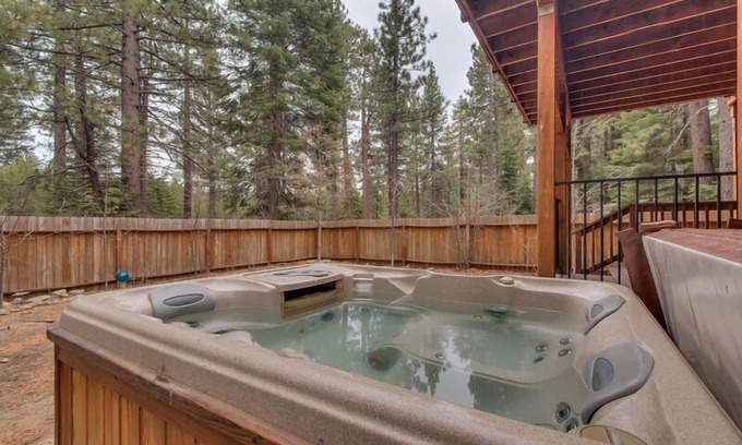 Tahoe Island House | Relax in a Tree-Lined Yard with Deck and Hot Tub Retreat