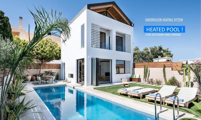 Galatas Villa | Fos Villa: Elegant House with Private Heated Pool & Ocean Views
