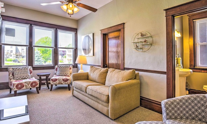 Historic Downtown Bedford Apartment | Historical Getaway w/ Porch, Walk to Dtwn & River!