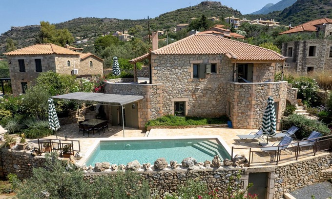 Lefktro House | Idyllic Holiday Home with Private Pool Steps from Stoupa Beach
