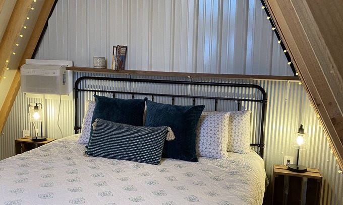 Mammoth Cave RV Rental | Cozy King Bed in Tulip Glamping Aframe at Noble Pine Campground
