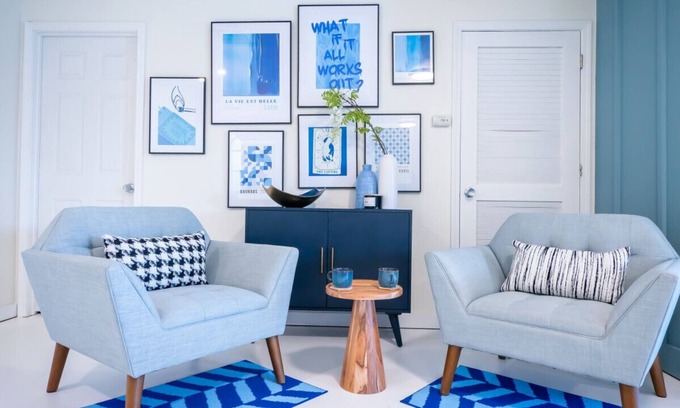 Lawrence Apartment | Relaxing Blue Hues KU/Mass Loft with Spa and Kitchen
