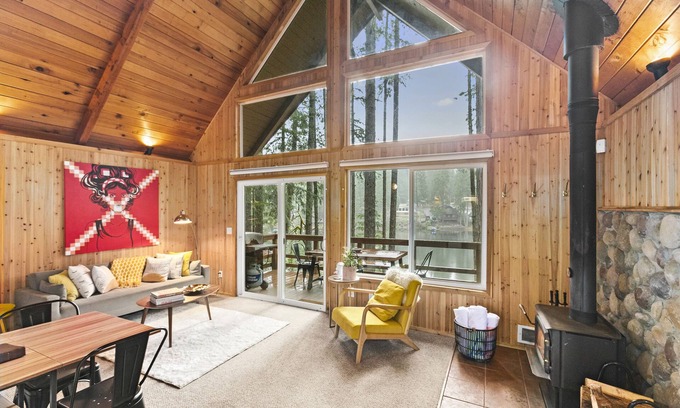 Mason County Cabin | Cozy Lakefront A-Frame Cabin with Hot Tub and Boat Access