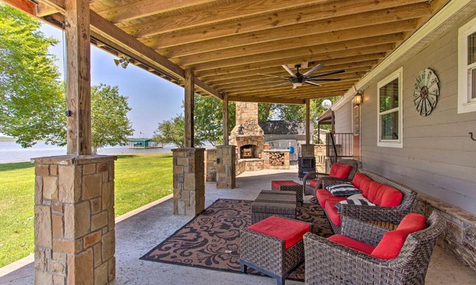 Graford House | Lakefront Retreat: Dock, Bar Hut & Cozy Fireplace Escape!
