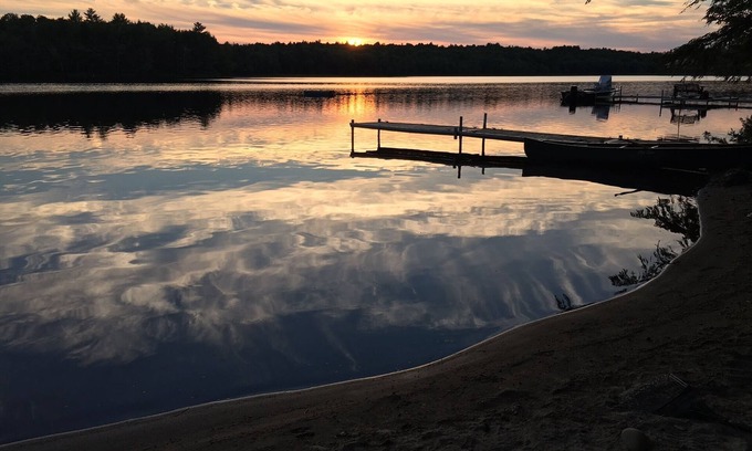 North Jay Cabin | Inviting Lake House with Private Beach, Dock & Kayak