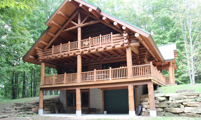 Northeast Michigan Cabin | Tranquil Log Cabin Retreat with Pool and Spa Amenities