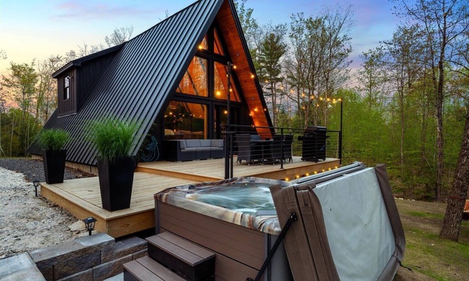 Sebago House | Modern A-Frame Retreat: 2 Minutes to Beach with Hot Tub