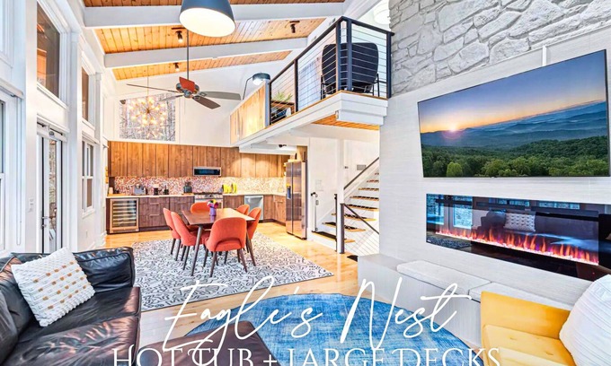 Waynesville House | Relax by the Fire Table with Hot Tub and Scenic Views