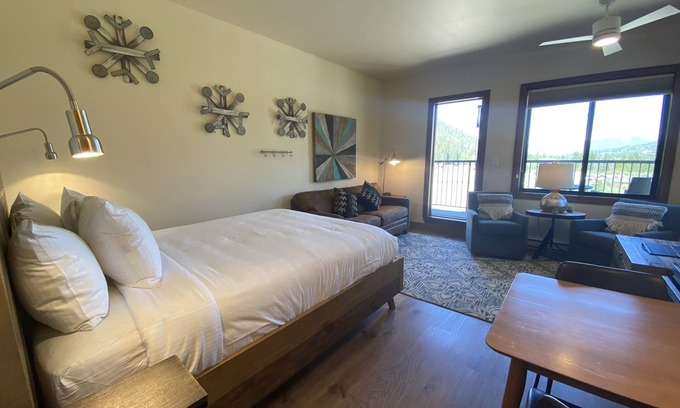 Mountain House Condo | Modern Studio with Balcony & Spa, Rated 9.8 by Guests