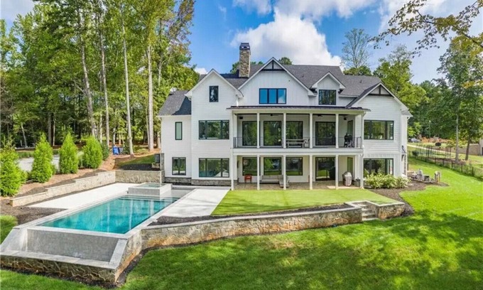 Mooresville House | New Lake-Front Farmhouse Style Home with Private Pool and Dock
